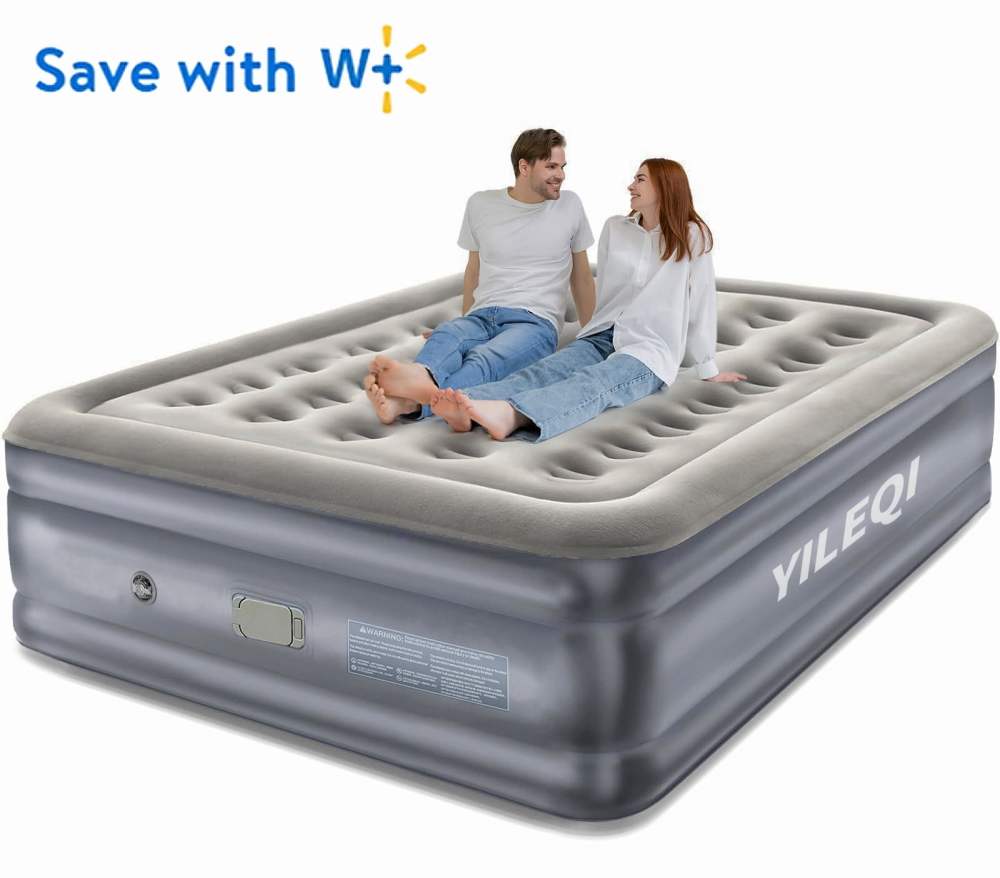Yileqi Queen Air Mattress with Built in Battery Pump & 2 Air Pillows - 18" Inflatable Camping Mattress, Foldable Air Bed for Home & Outdoor, 650lb Support, Quick Inflation/Deflation, Grey&Blue