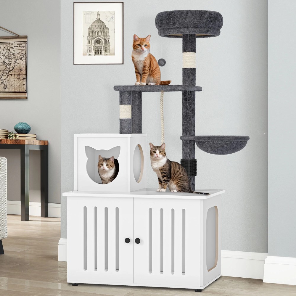 Dextrus 2-in-1 Cat Tree with Litter Box Enclosure, 53.5" Large Modern Cat Condo with Scratching Posts,  Perch,  Food Station,  Hammocks,  Scratch Post,  White