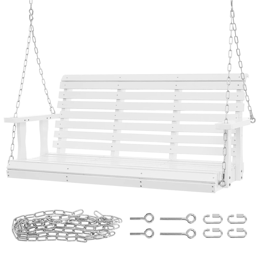 KFFKFF Adult Fir Wood Bench Porch Swing with Steel Chains,White