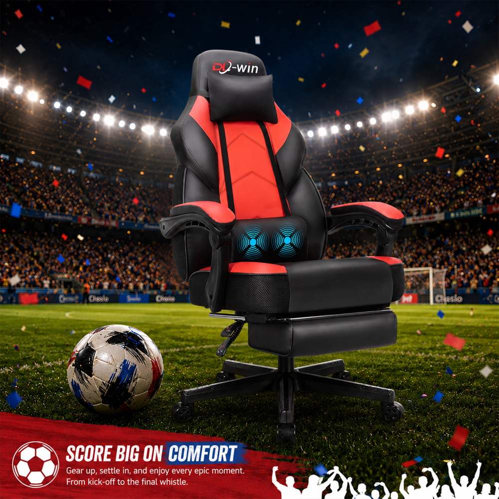 Walsunny Ergonomic Gaming Chair with Adjustable Footrest and Massage Leather Game Chair large gaming chair with Headrest and Lumbar Support for Adults,Red