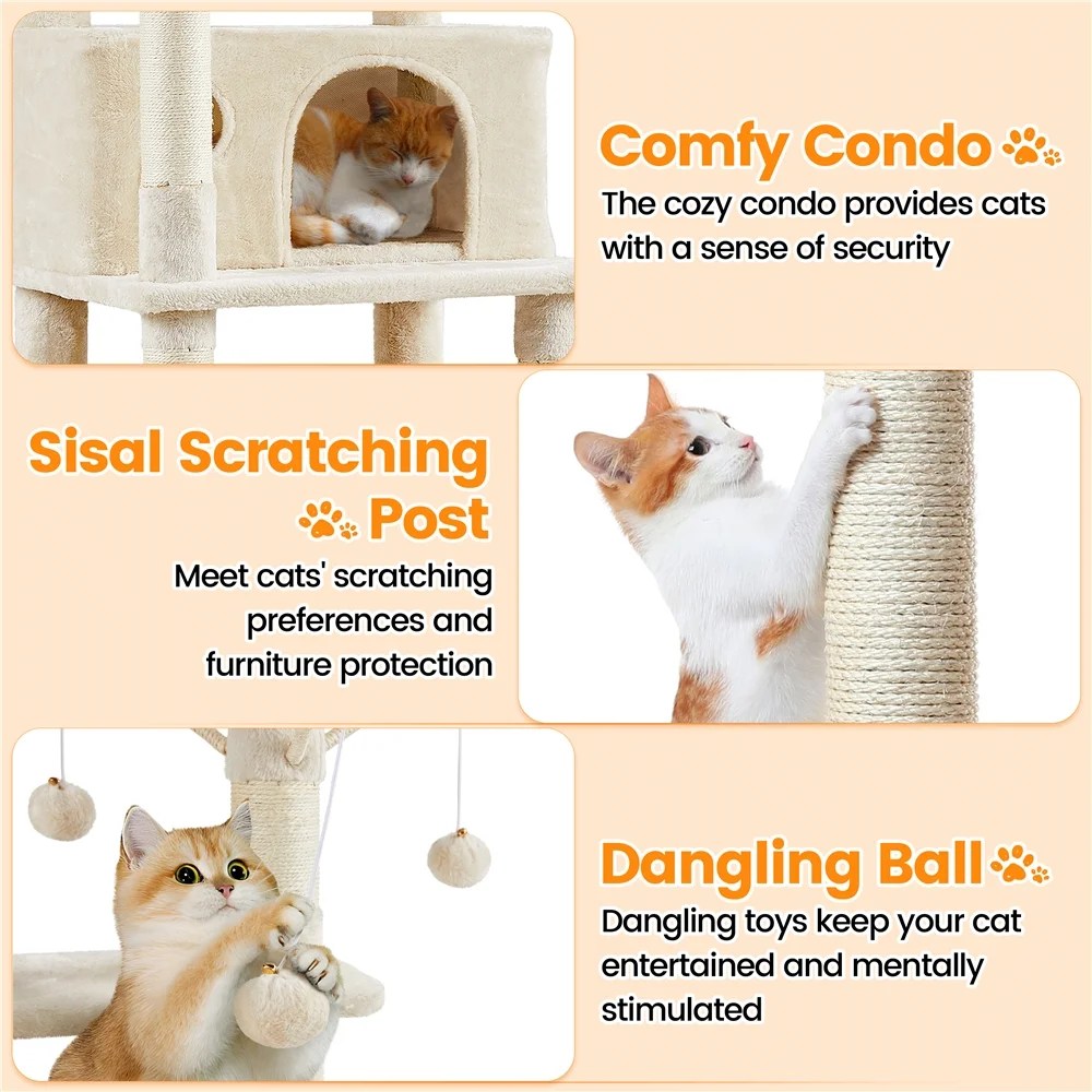 Alden Design 67" H Large Multi-Level Cat Tree with 2 Cat Condos for Indoor Cats, Beige - Image 4