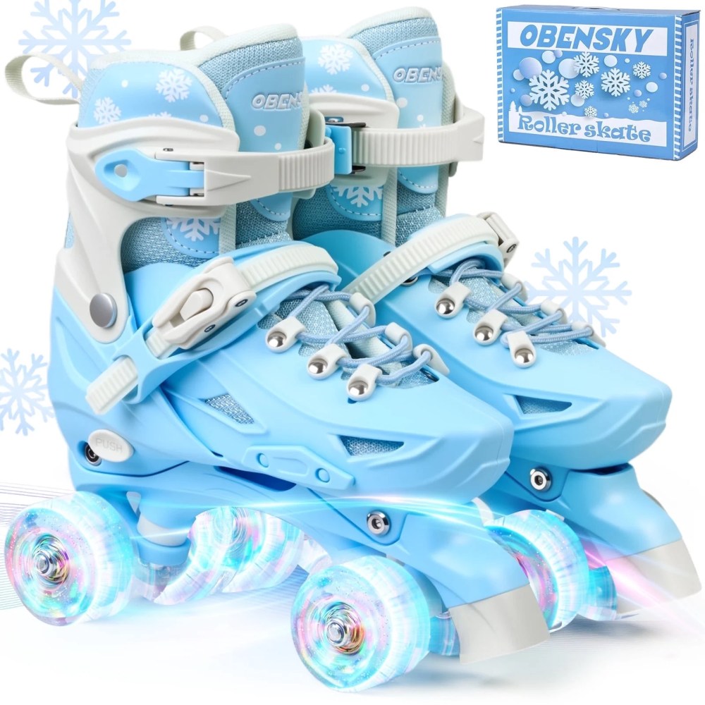OBENSKY Roller Skates 4 Size Adjustable w/ Light up Wheels, Birthday Gift for Girls&Boys Beginners-Blue/Pink, Patines Para Nias