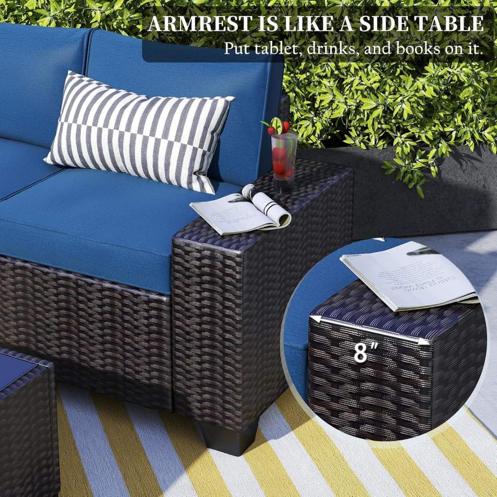6 Pieces Patio Furniture Set,Outdoor Sectional Set of 6 w/Wide Armrest,Waterproof Wicker Conversation Set for Backyard,Deck,Lake Blue - Image 2