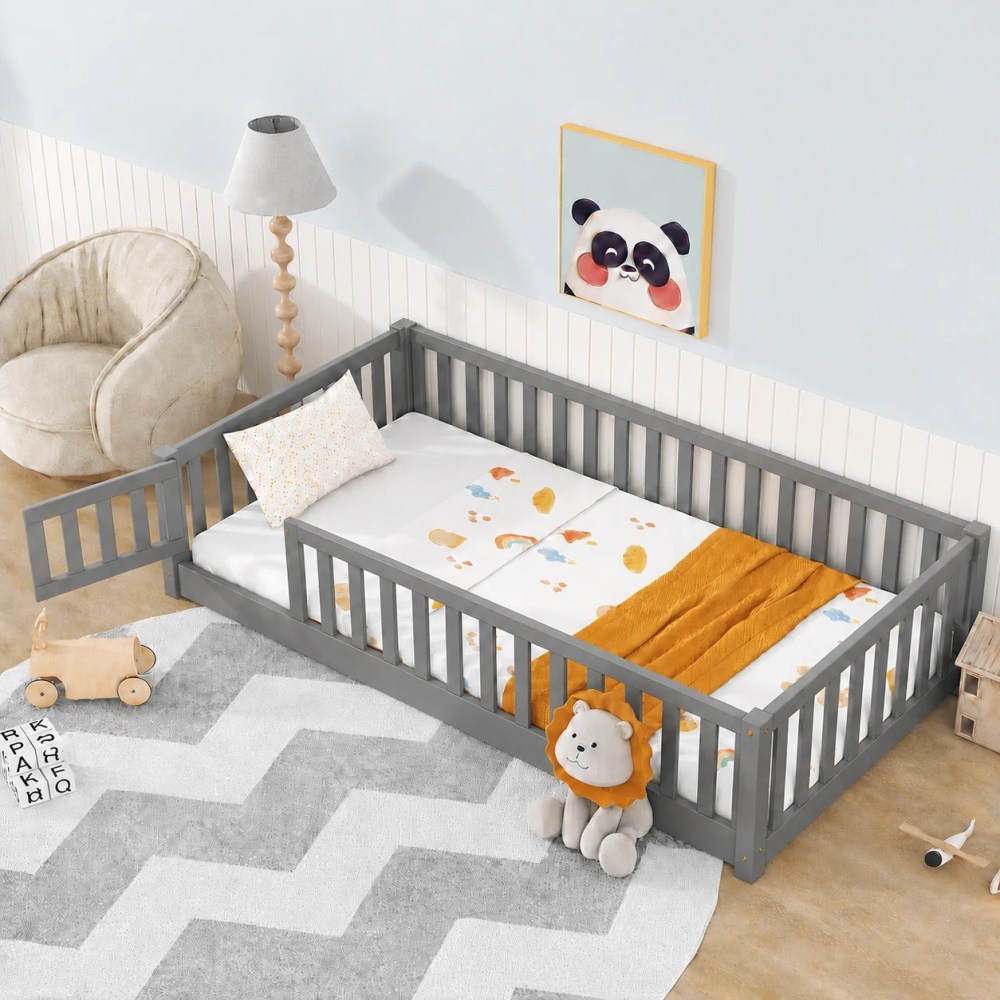 PAPROOS Twin Montessor Floor Bed,Solid Wood Toddler Bed with Safety Guardrail and Door,Easy Assembly,Low-to-Floor Bed Frame with Slats for Kids,Gray