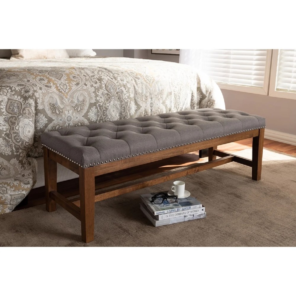 Baxton Studio Ainsley Modern and Contemporary Grey Fabric Upholstered Walnut Finished Solid Rubberwood Bench - Image 2