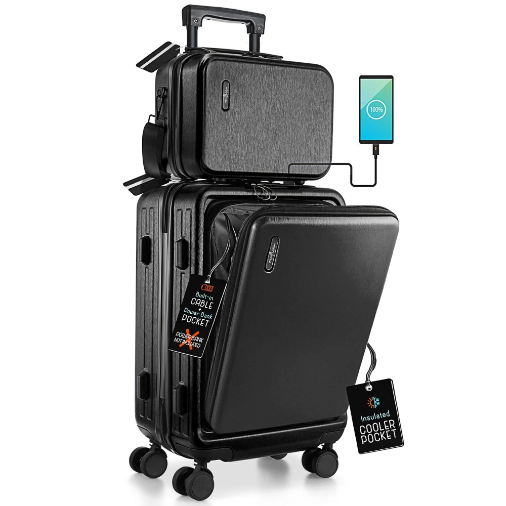 Virtu 20 inch Hardside Carry-On Expandable Luggage,Front Pocket Luggage Set Spinner Suitcase Set,Black
