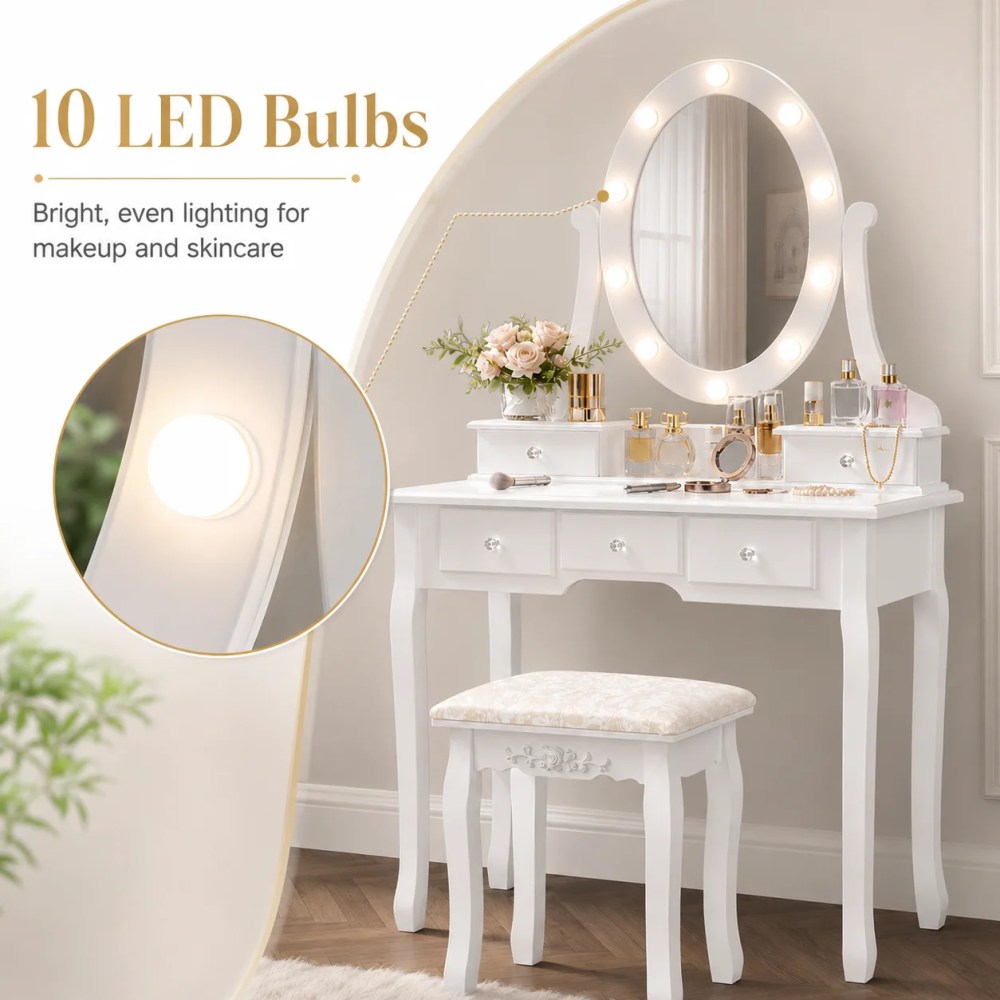 Ktaxon Vanity Table 10 LED Lights,5 Drawers Makeup Dressing Desk with Cushioned Stool Set, Bedroom Vanities Set White - Image 3