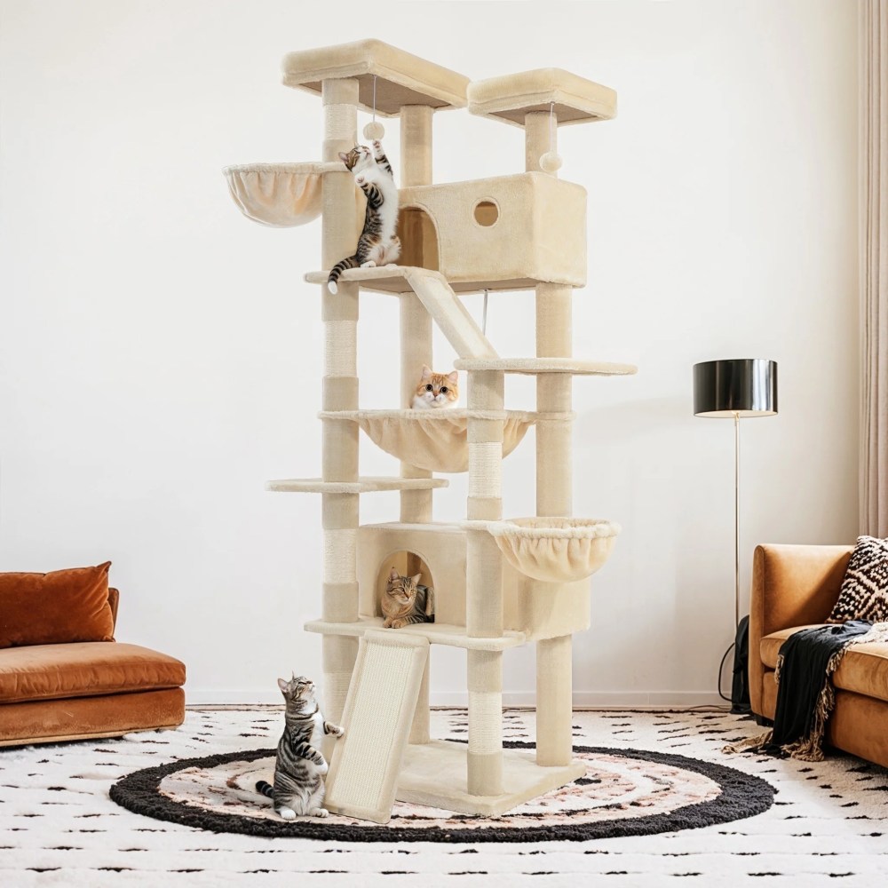 Sifurni 81" Multi-Level Tall Cat Tree Tower for Large Cat with Cat Condo and Hammock, Scratching Post & Scratching Ramp, Beige