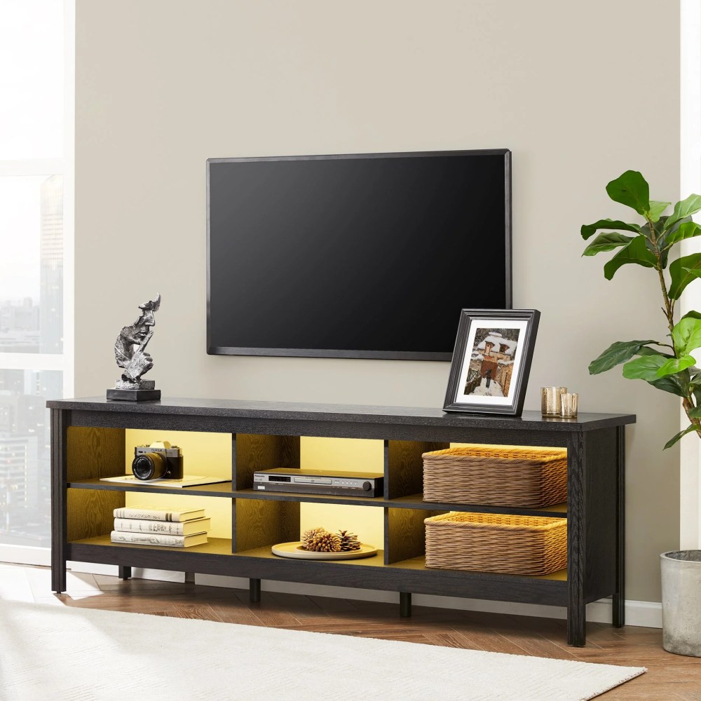 WAMPAT 70" Farmhouse TV Stand for TVs Up to 75 Inch,Wood TV Console with 16 Color LED Light for Living Room,Bedroom,Black - Image 3