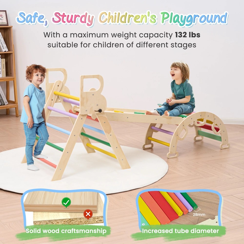 Naipo Pikler Triangle Set, Climbing Frame 8 in 1 Toddler, Wooden Climbing Indoor Kids Playground, Jungle Gym Play Set for Toddler, Baby, 3-Piece Rainbow - Image 6