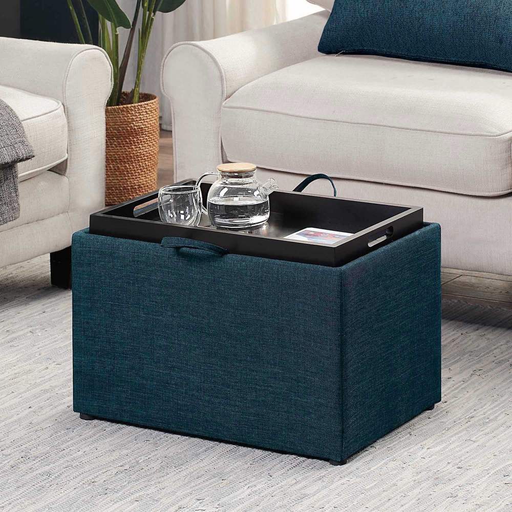 Convenience Concepts Designs4Comfort Accent Storage Ottoman with Reversible Tray,Dark Blue Fabric