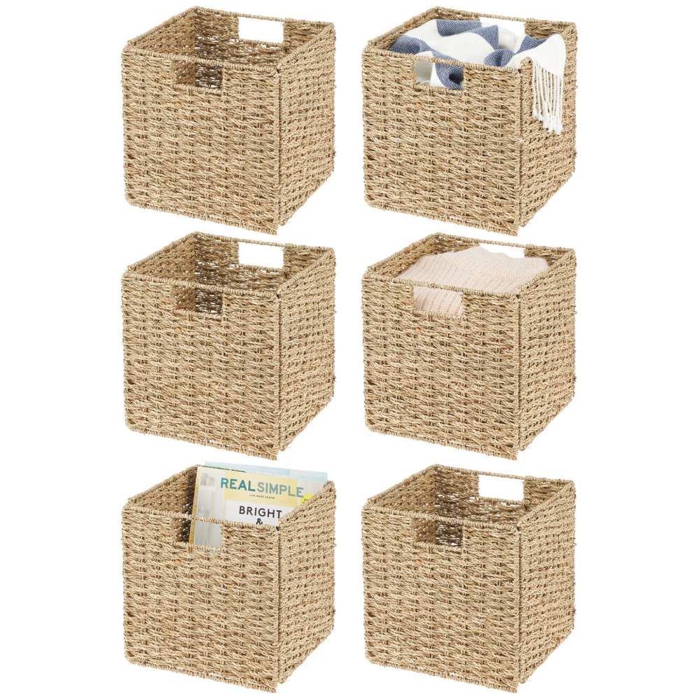 mDesign Seagrass Woven Cube Bin Basket Organizer,Handles,6 Pack - Natural/Tan