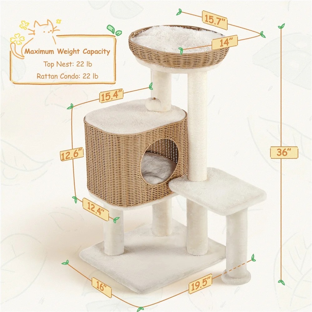 Yaheetech 35.8" Tall Rattan Cat Tree with Woven Condo and Nest, Beige - Image 3