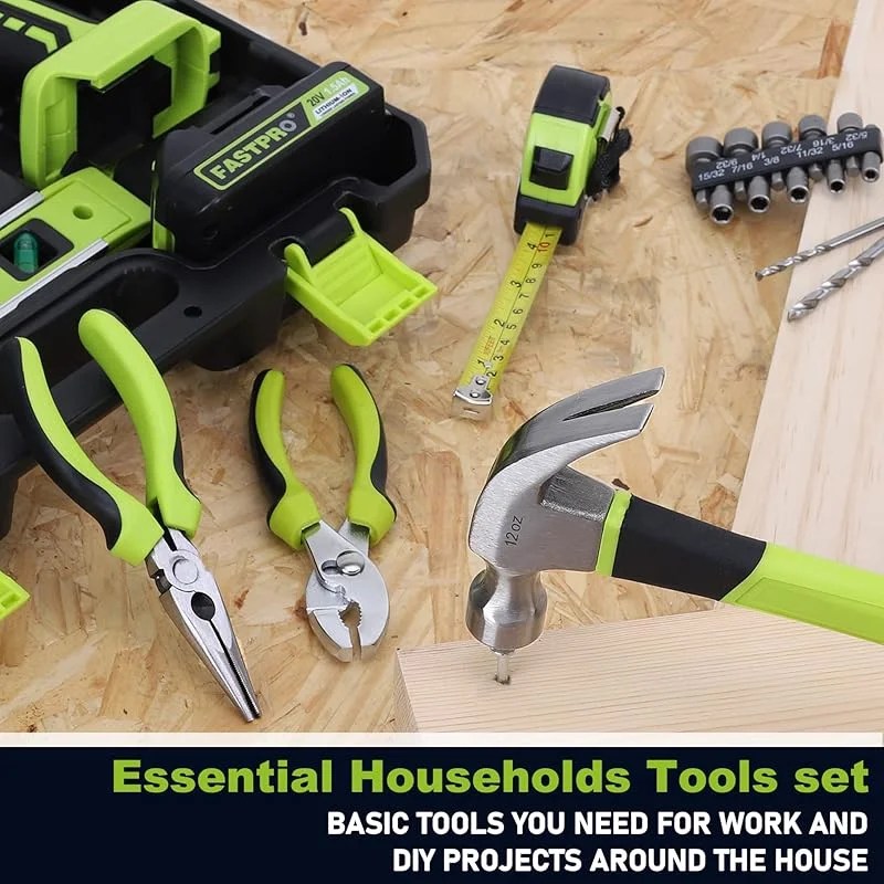 177-Piece 20V Cordless Lithium-ion Drill Driver and Home Tool Set,Household Repairing Kit with in Storage Case,Green - Image 7