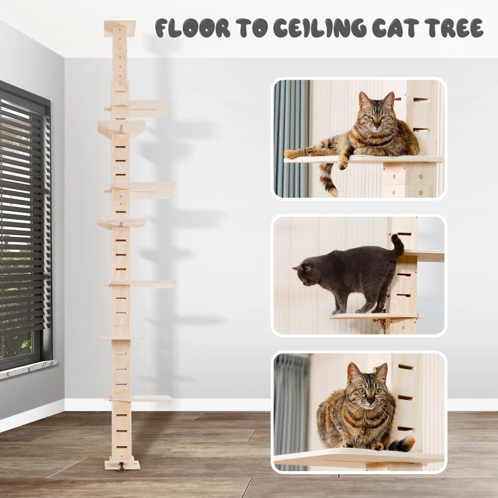 COZIWOW Floor to Ceiling Cat Tree Tower for Indoor Large Cats Tall Cat Climber with Adjustable Height (98-114 inches) 7 Tier Wood Cat Climbing Tower - Image 4