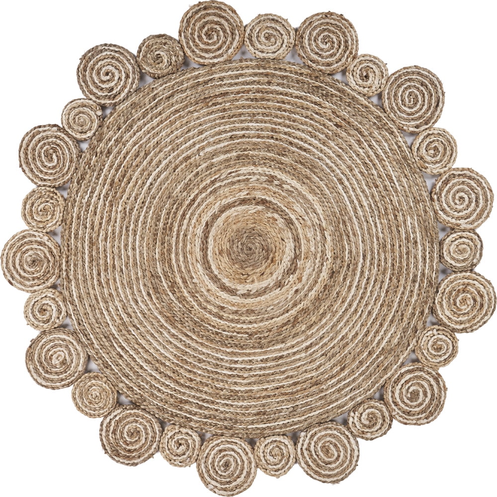 Ox Bay Cora 4" Round Beige and Brown Braided Circles Jute Indoor Area Rug