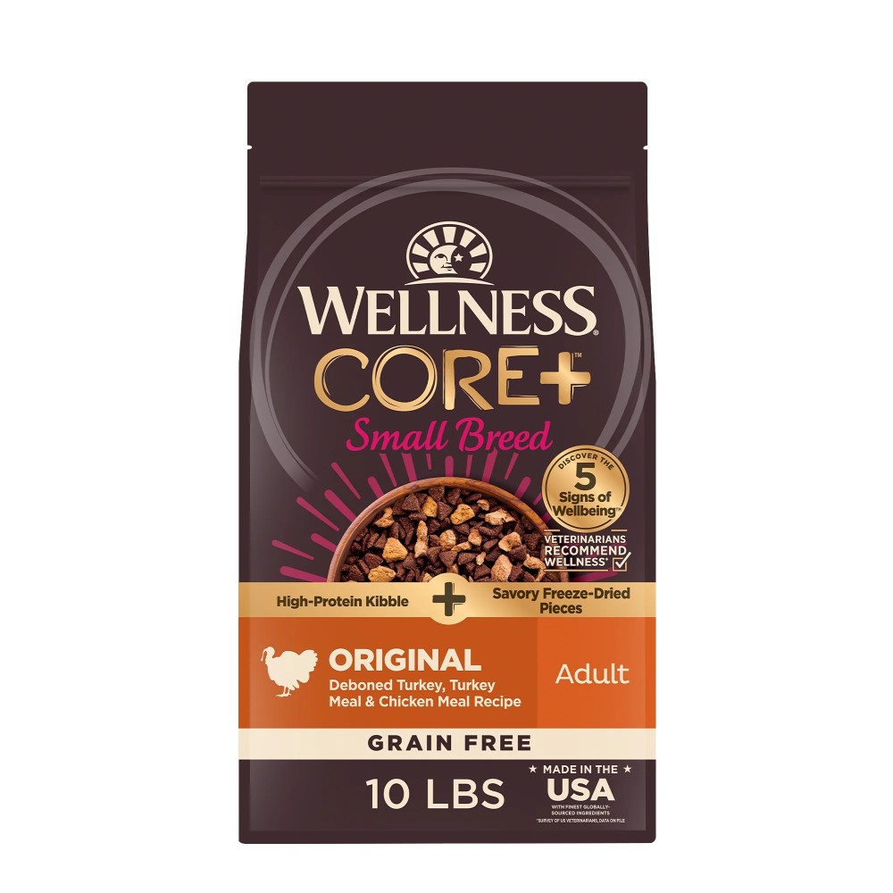 Wellness CORE Dry Dog Food with Freeze Dried Pieces,  Small Breed,  Grain Free,  High Protein,  Natural,  Original Turkey & Chicken Recipe,  (10-Pound Bag)
