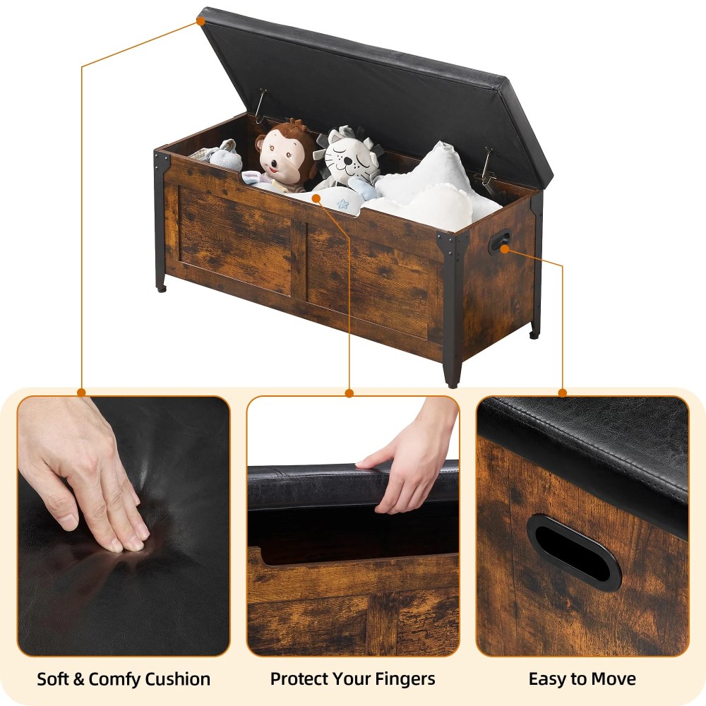 2024 New Wooden Storage Chest Bench, Leather Entryway Shoes Bench with Flip Top Storage Chest,Lift Top Storage Trunk with 2 Safety Hinges for Living Room Bedroom Entryway - Image 6