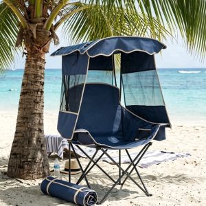 ABORON Camping Chair with Canopy, Folding Beach Canopy Chair with Ice Bag, Side Pocket and Cup Holder, Outdoor Portable Lounge Beach Chair for Adults Camping, Fishing, Lawn and Tailgates - Blue