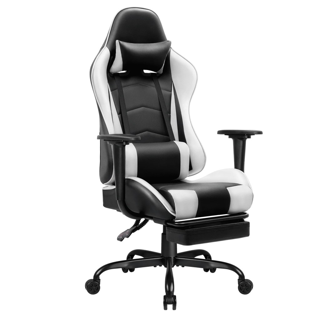 Vineego HighBack Recliner Gaming Chair with Footrest,PU Leather,Size:20.2 x 19.5 x 48.5(L x D x H) in, Adjustable Height & Lumbar Support,White