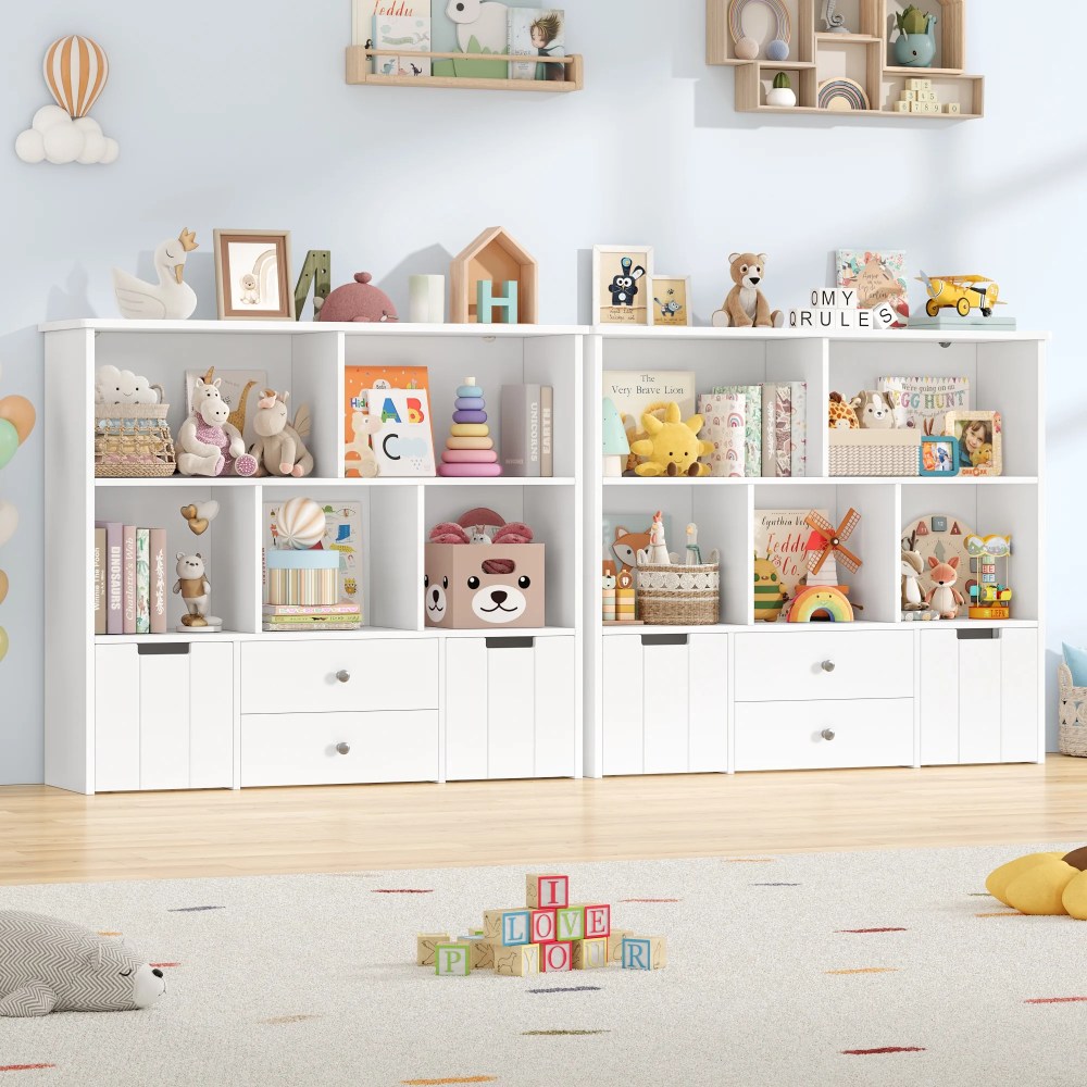 Homfa Kids Toy Storage Organizer,5 Cubby Children Bookcase and Bookshelf with 4 Drawer on Wheels for Playroom,White - Image 8