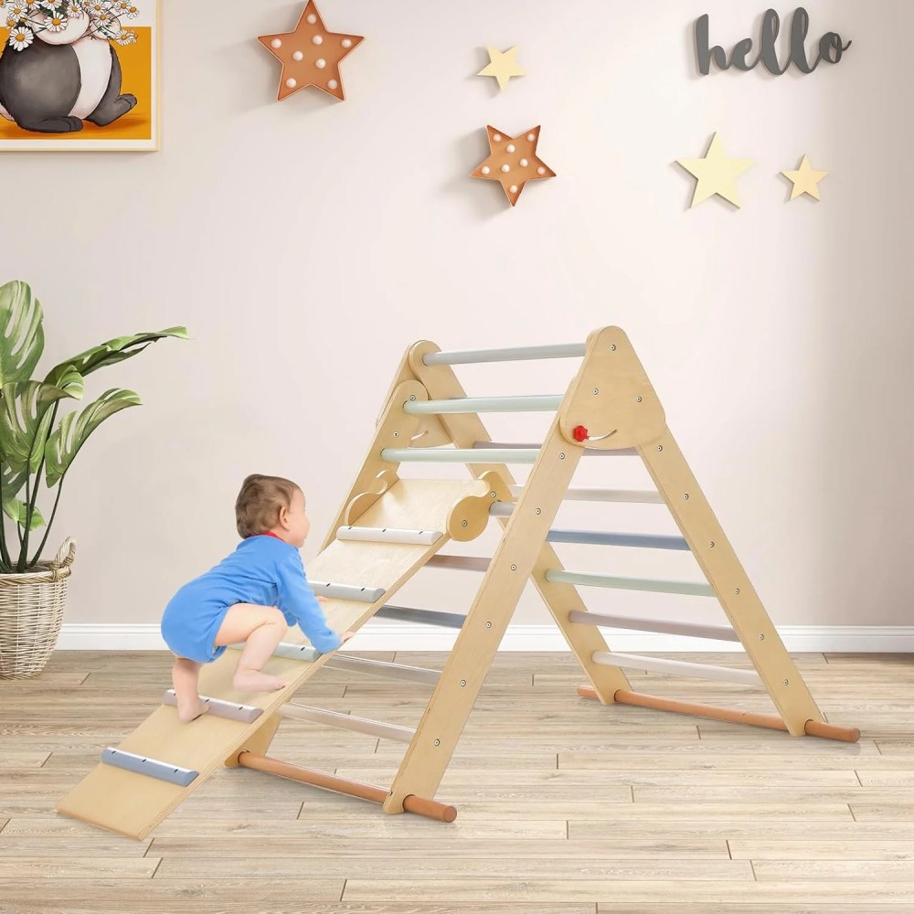 OLAKIDS Climbing Toys for Toddlers, 3 in 1 Foldable Kids Wood Montessori Pikler Climber Ladder with Ramp, Slide for Gym Playground, Baby Indoor Climb Play Structure Activity Set (Colorful) - Image 9