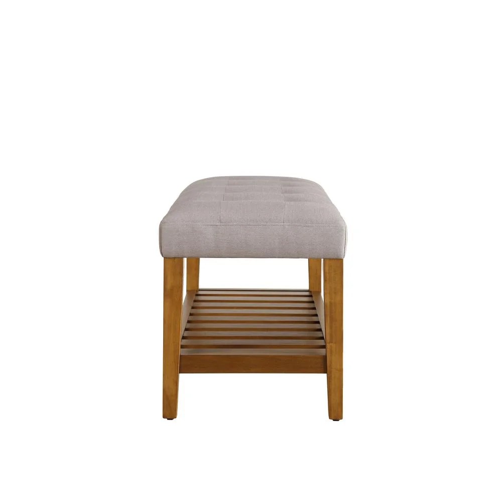 ACME Charla Fabric Upholstered Bench with Bottom Shelf in Light Gray and Oak - Image 3