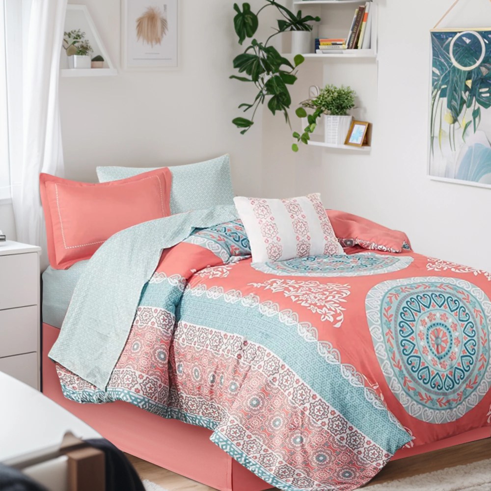 Regency Heights Twin XL Size Comforter Set, 7-Piece Bed in a Bag Twin XL, Coral Bedding Sets with Sheets, Bed Skirt for College Dorm