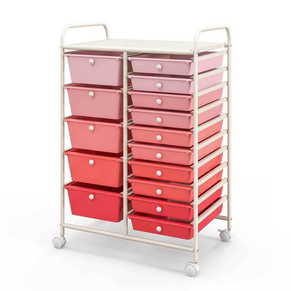 Gymax 15 Drawer Rolling Storage Cart Opaque Multicolor Drawers Home Organizer Mixed Pink