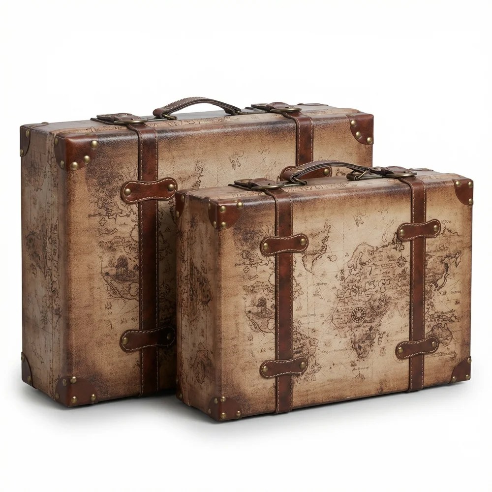 Old World Map Leather Vintage Style Suitcase with Straps,Set of 2