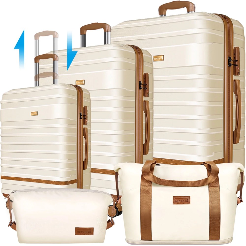 5 Piece Luggage Sets and Travel Duffel Bag,ABS Hardshell Hardside Checked Luggage with TSA Lock and Double Spinner Wheels Suitcase,Ivory White
