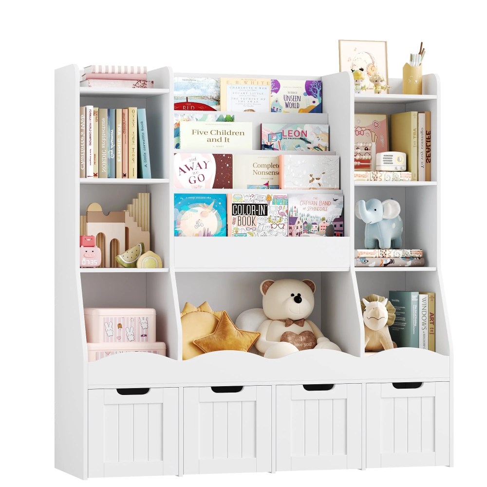 Homfa Kids Bookcase with 7 Cubes and 4-Tier Bookshelves,Toy Storage Organizer with 4 Removable Drawers on Casters,for Kids' Playroom Nursery,White