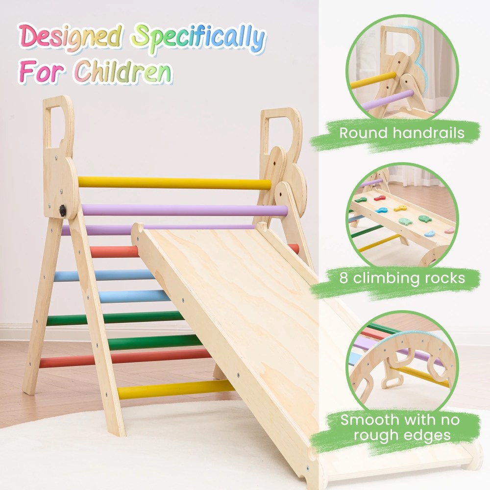 Naipo Pikler Triangle Set, Climbing Frame 8 in 1 Toddler, Wooden Climbing Indoor Kids Playground, Jungle Gym Play Set for Toddler, Baby, 3-Piece Rainbow - Image 2
