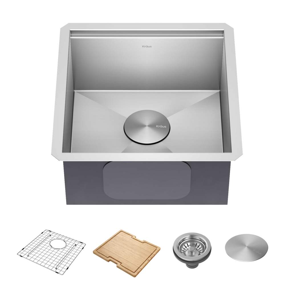 KRAUS Kore 17" Undermount Workstation 16 Gauge Single Bowl Stainless Steel Bar Kitchen Sink with Accessories