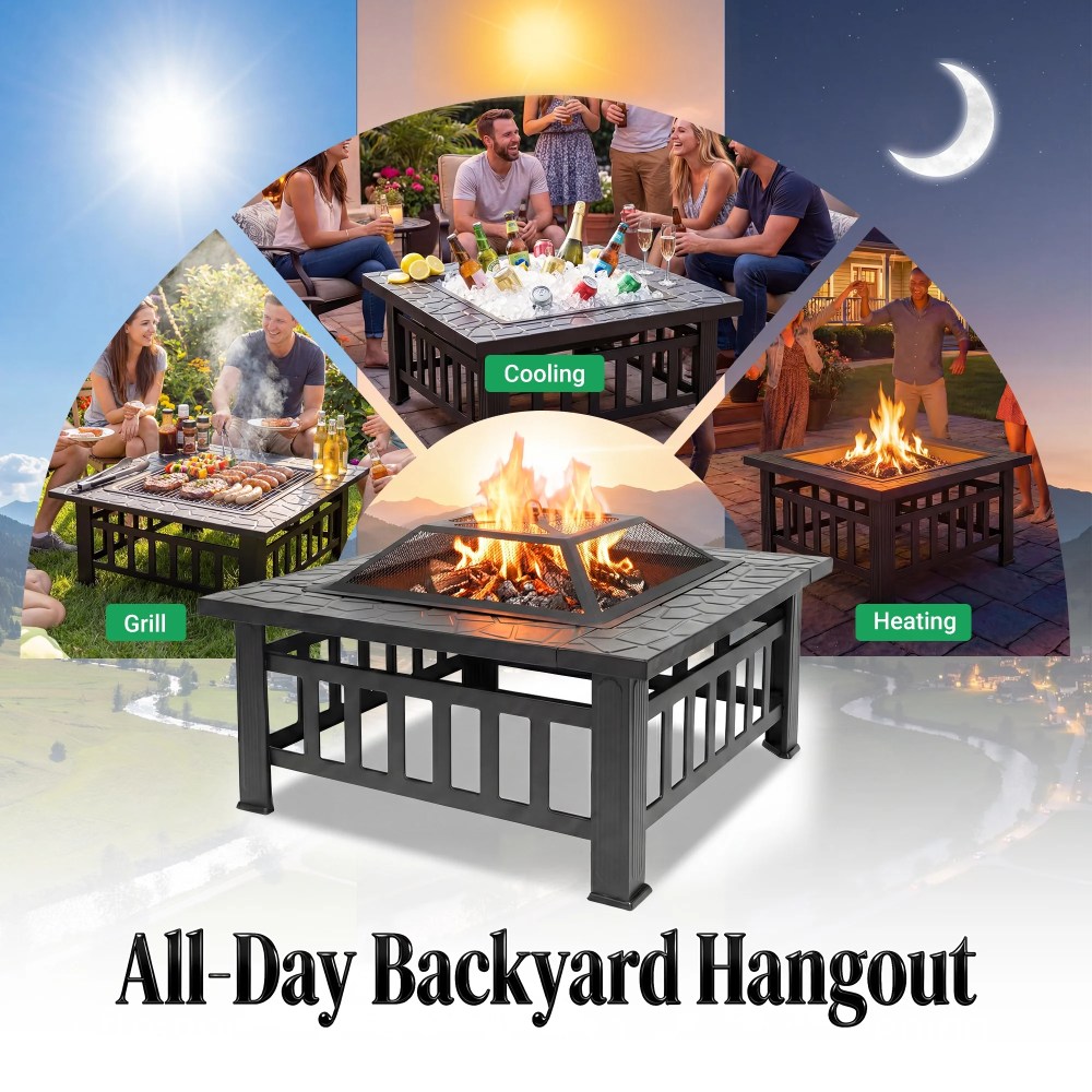 32" Fire Pits for Outside,SYNGAR Wood Burning Bonfire Fire Pit Table with Mesh Lid,Grate and Poker,Outdoor Metal Square Fire Pit for BBQ,Camping,Picnics,Backyard - Image 5