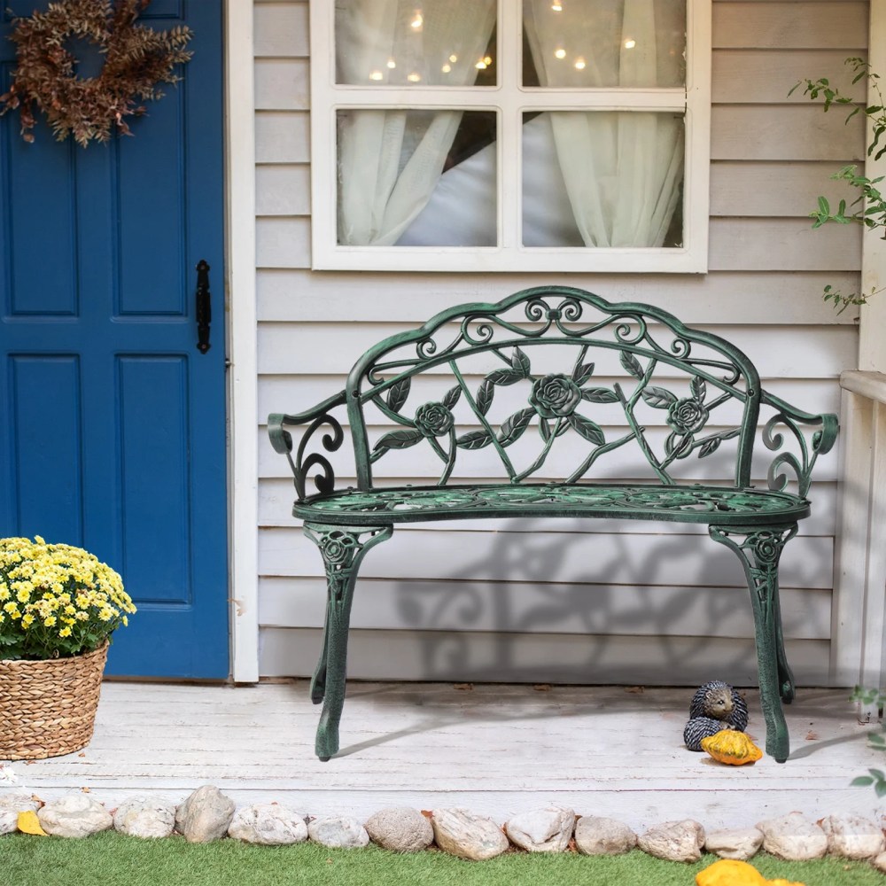 Winado 38.5 in Cast Aluminum Garden Bench,Heavy Duty Metal Bench for Outdoor and Indoor,Bronze Green