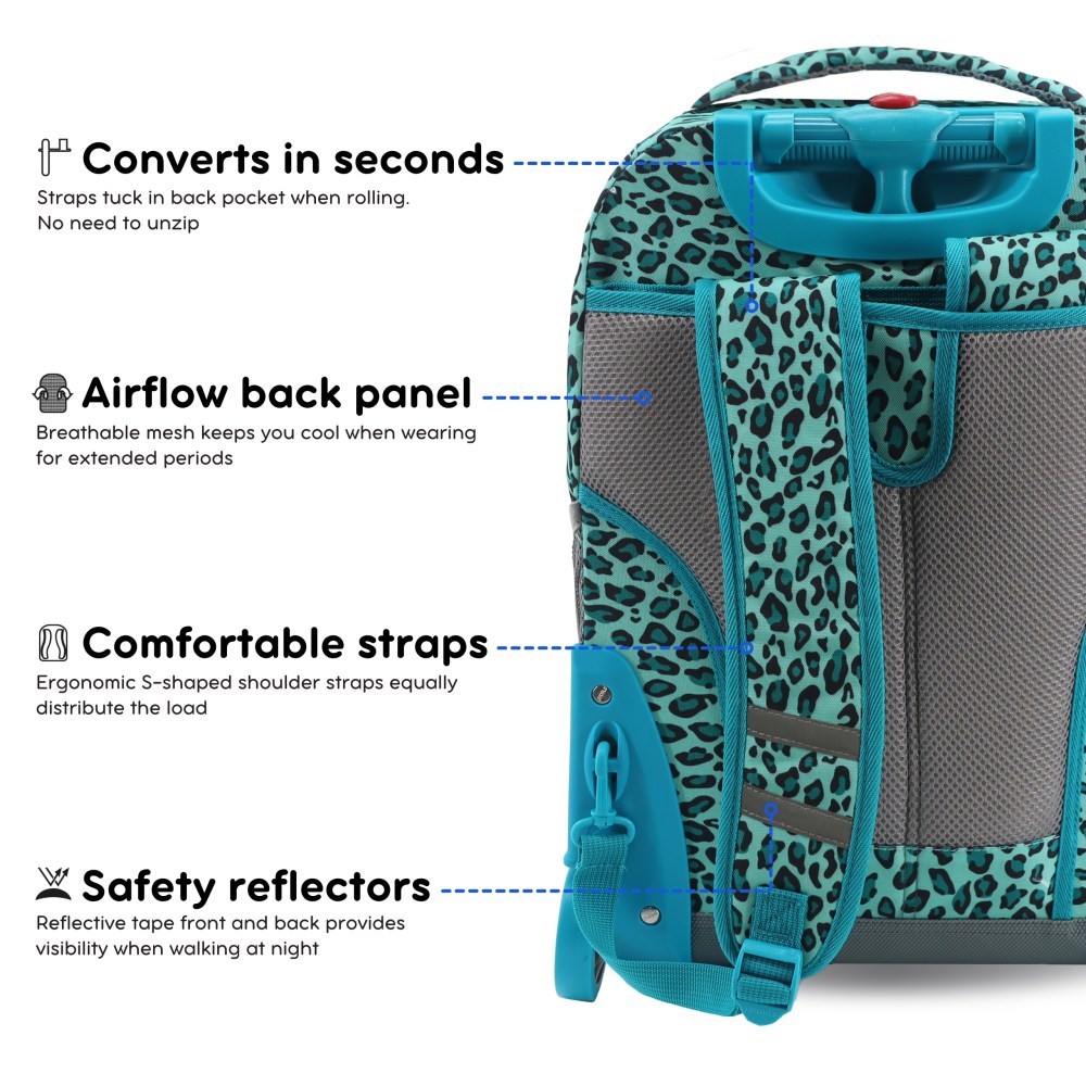 J World Girls Sunrise 18" Rolling Backpack for School and Travel, Mint Leopard - Image 4