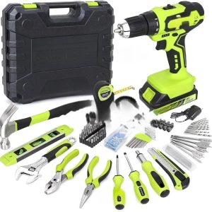 177-Piece 20V Cordless Lithium-ion Drill Driver and Home Tool Set,Household Repairing Kit with in Storage Case,Green