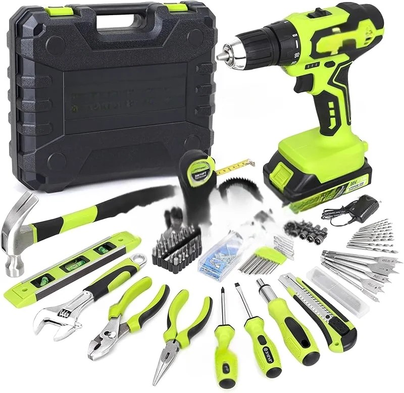 177-Piece 20V Cordless Lithium-ion Drill Driver and Home Tool Set,Household Repairing Kit with in Storage Case,Green