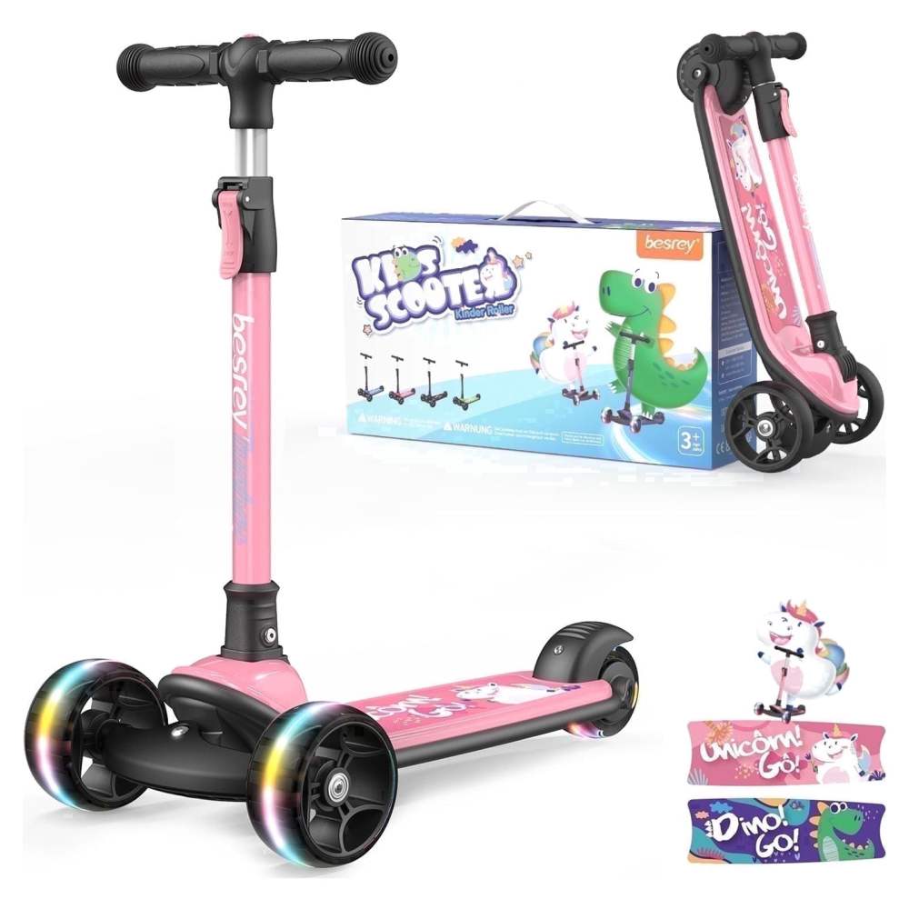 Besrey 3 Wheel Toddler Scooter for Ages 3-10 Years Boys and Girls,Kids Kick Scooter for Child with LED Light Wheels and Foldable Adjustable Height,Pink