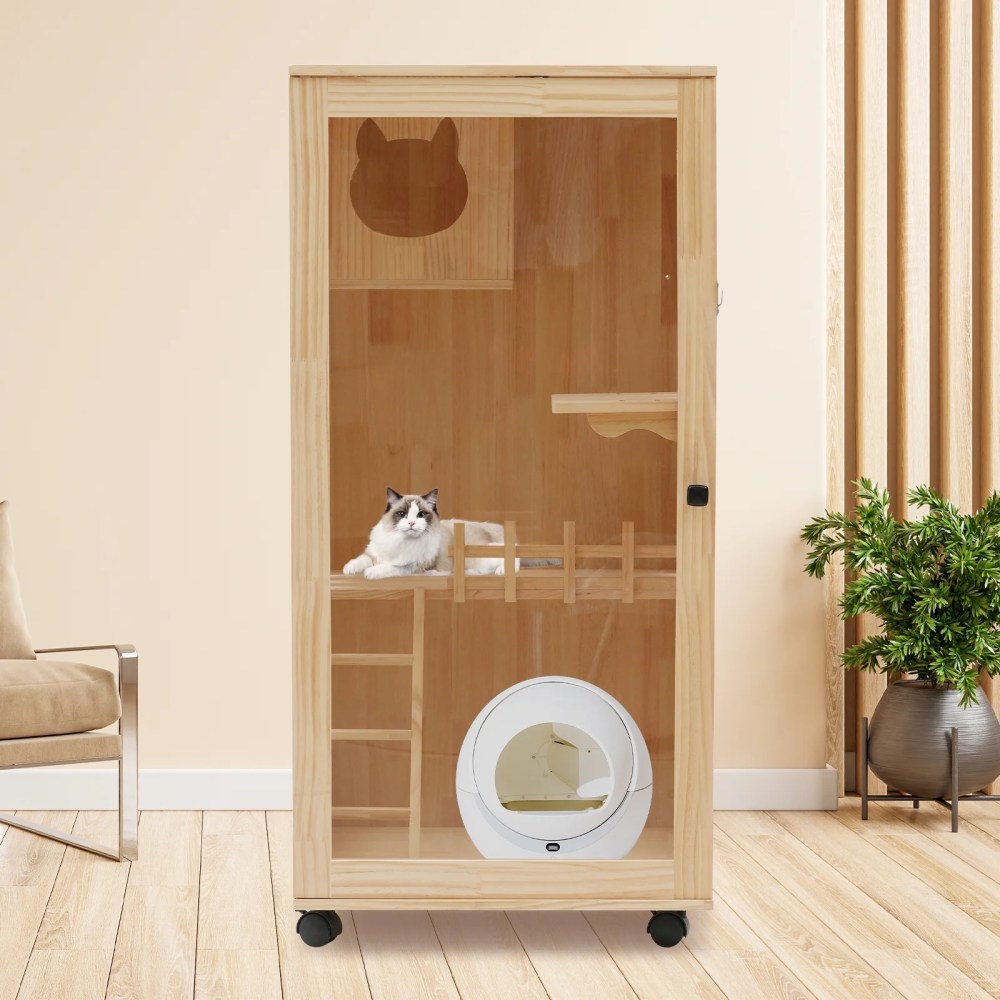 ChicHomey Large Wooden Cat House for Cats, Multi-Feature Cat Condo with Cat Scratching Posts Oversized Cat Villa on Wheels, Ventilated Design Safe Cozy Sleeping Playing Space