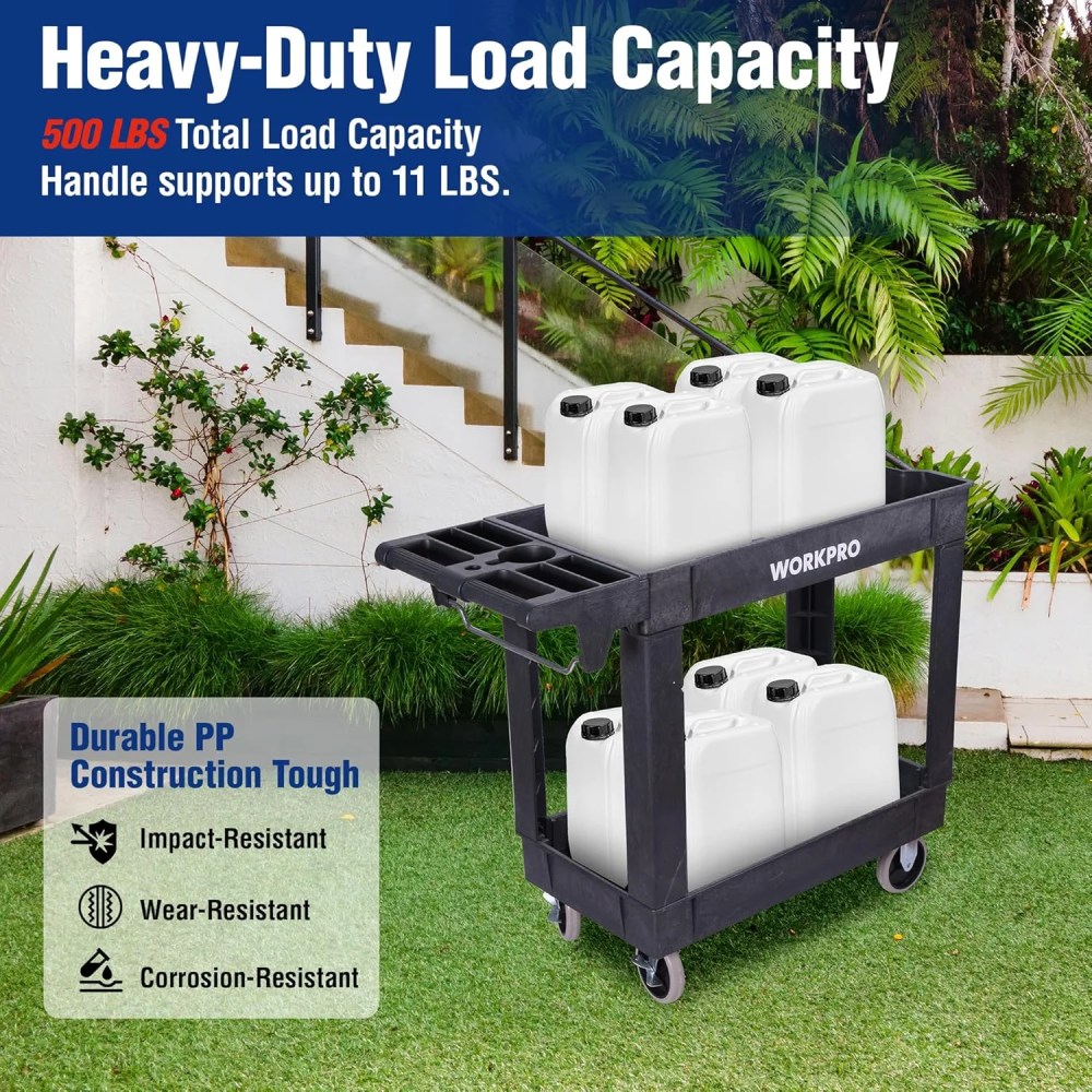 WORKPRO 500 LBS 2-Tier Utility Service Cart,Rolling Tool Cart with 360'Swivel Locking Casters,39"x17"x33" PP Plastic Work Station for Garage & Home - Image 6