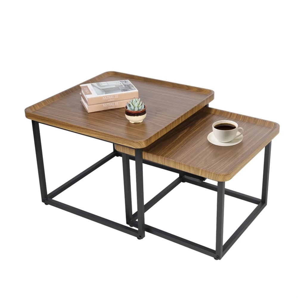 Wisfor Square Nesting Coffee Table Set of 2 Walnut Side End Table for Living Room,23.6x17.7 inch - Image 2