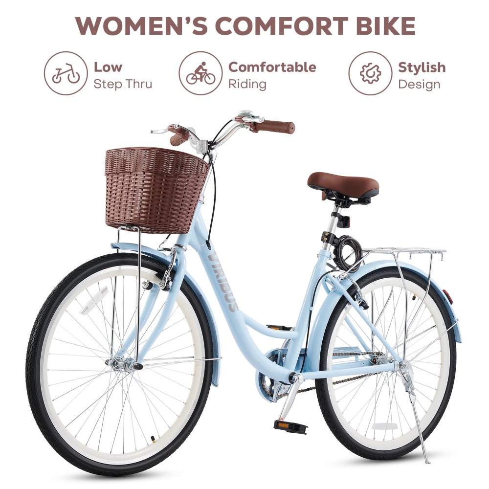 Viribus 24" City Cruiser Bicycle for Women, with Carbon Steel Frame Dual V Brakes Basket for Women Adults, Blue