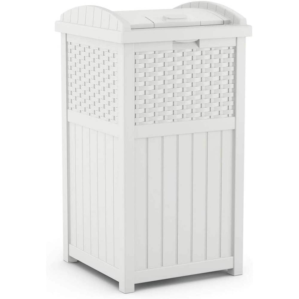 Suncast Resin Wicker Hideaway Outdoor Trash Can with Latching Lid, White