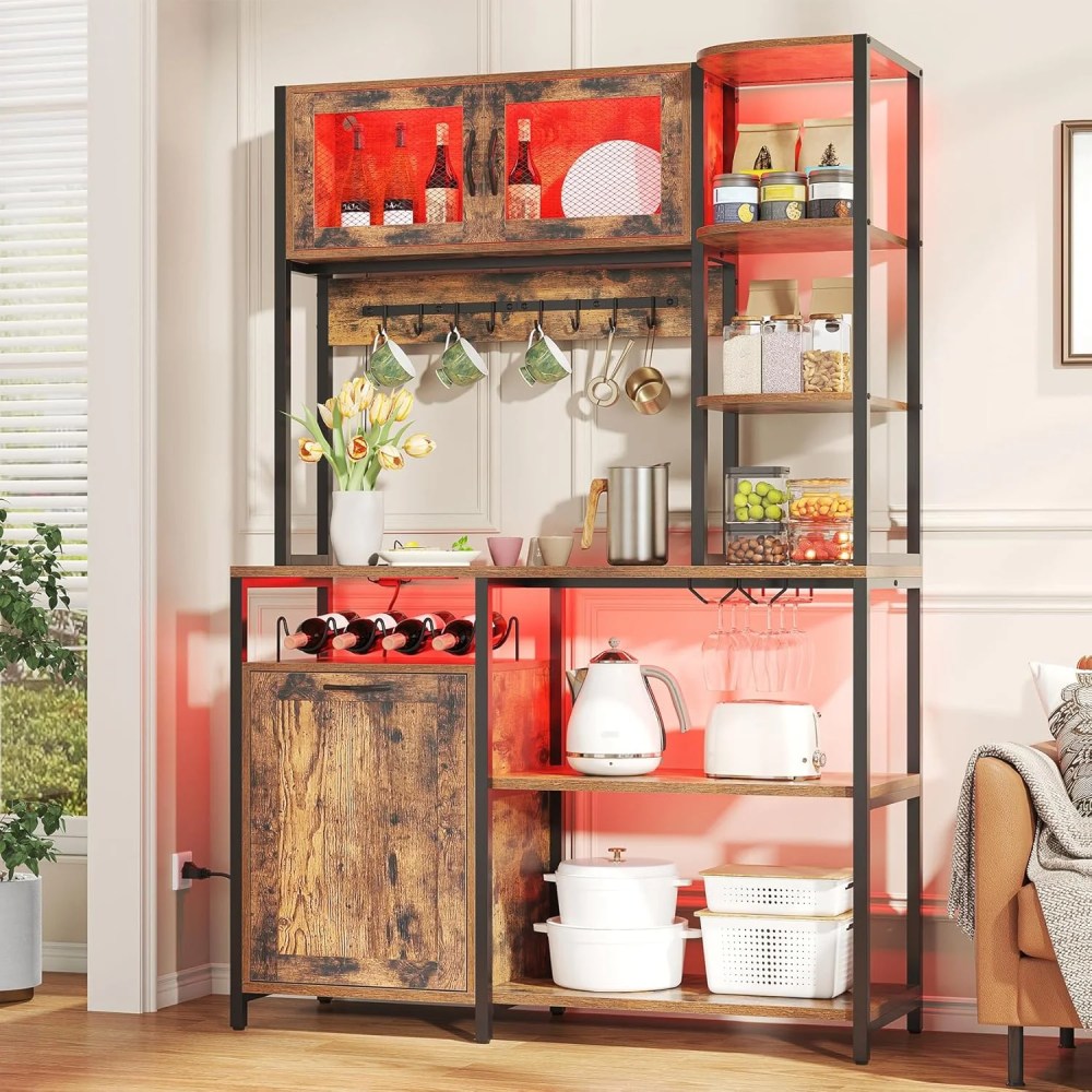 Winkalon 42.5" Wide Large Bakers Rack with Power Outlets,6 Tiers Coffee Bar Table with LED Light,8 Hooks,Microwave Stand Kitchen Storage Shelf,Rustic Brown - Image 8