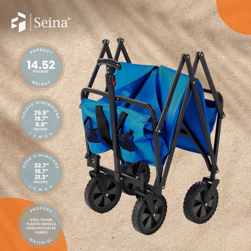 Seina 150lb Capacity Collapsible Steel Outdoor Utility Wagon Cart, Blue - Image 4