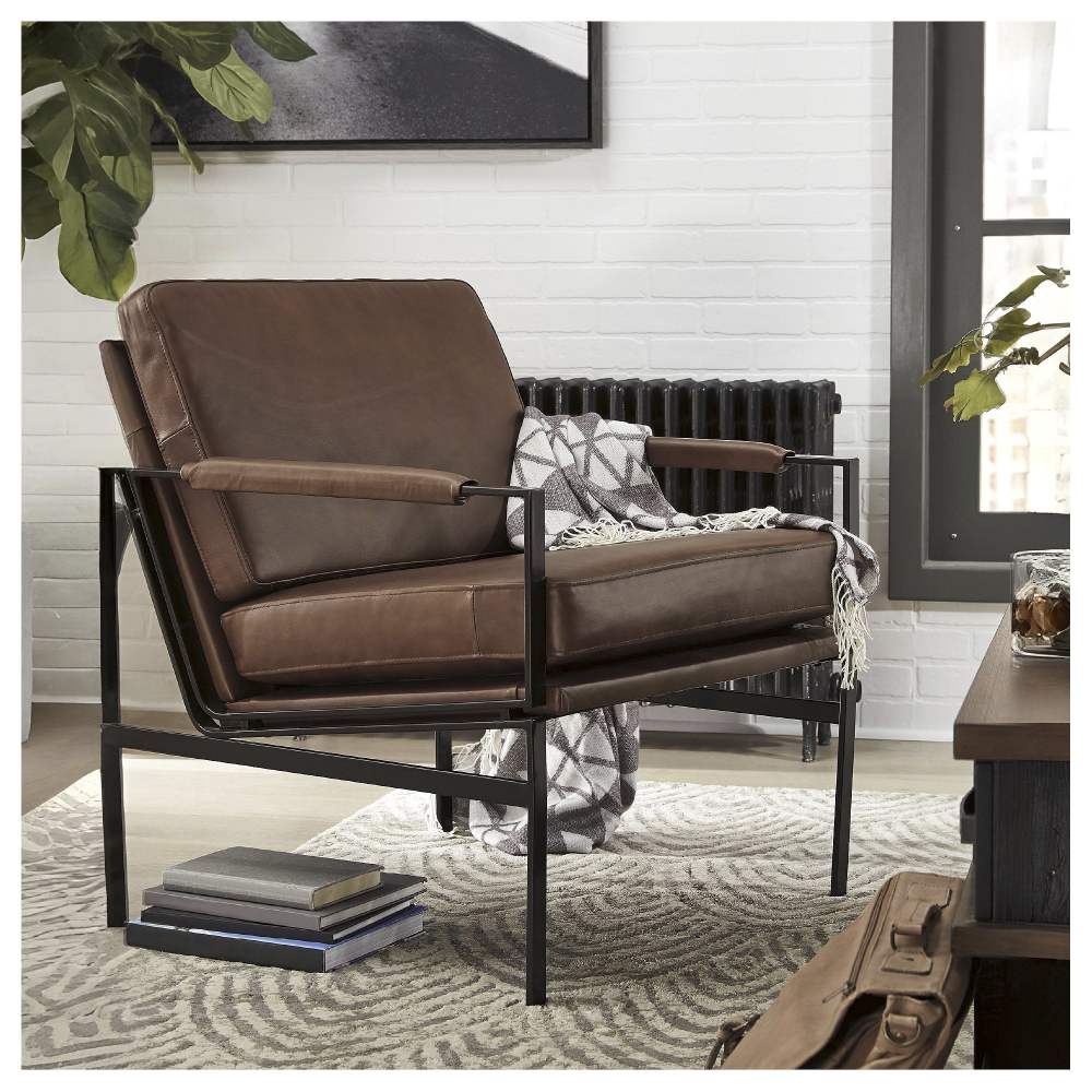 Signature Design by Ashley Puckman Accent Chair,Brown Genuine Leather,Bronze-Tone Metal Frame,Modern Industrial