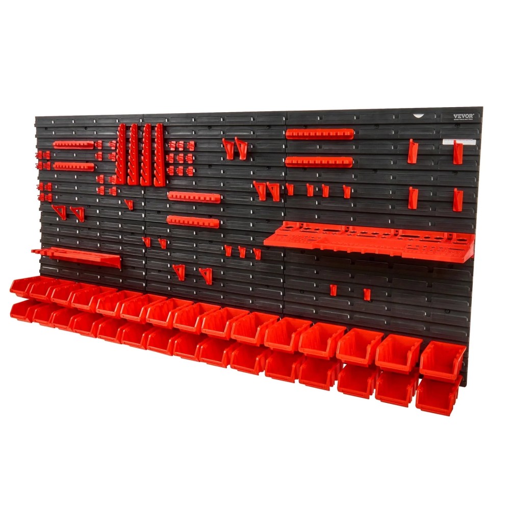 VEVOR Wall Mounted Storage Bins, 30-Bin Parts Rack Organizer Garage Plastic Shop Tool with Wall Panels/Tool Holders/Hooks, Tool Organizer for Nuts,Bolts,Screws,Nails,Beads,Buttons, Black and Red