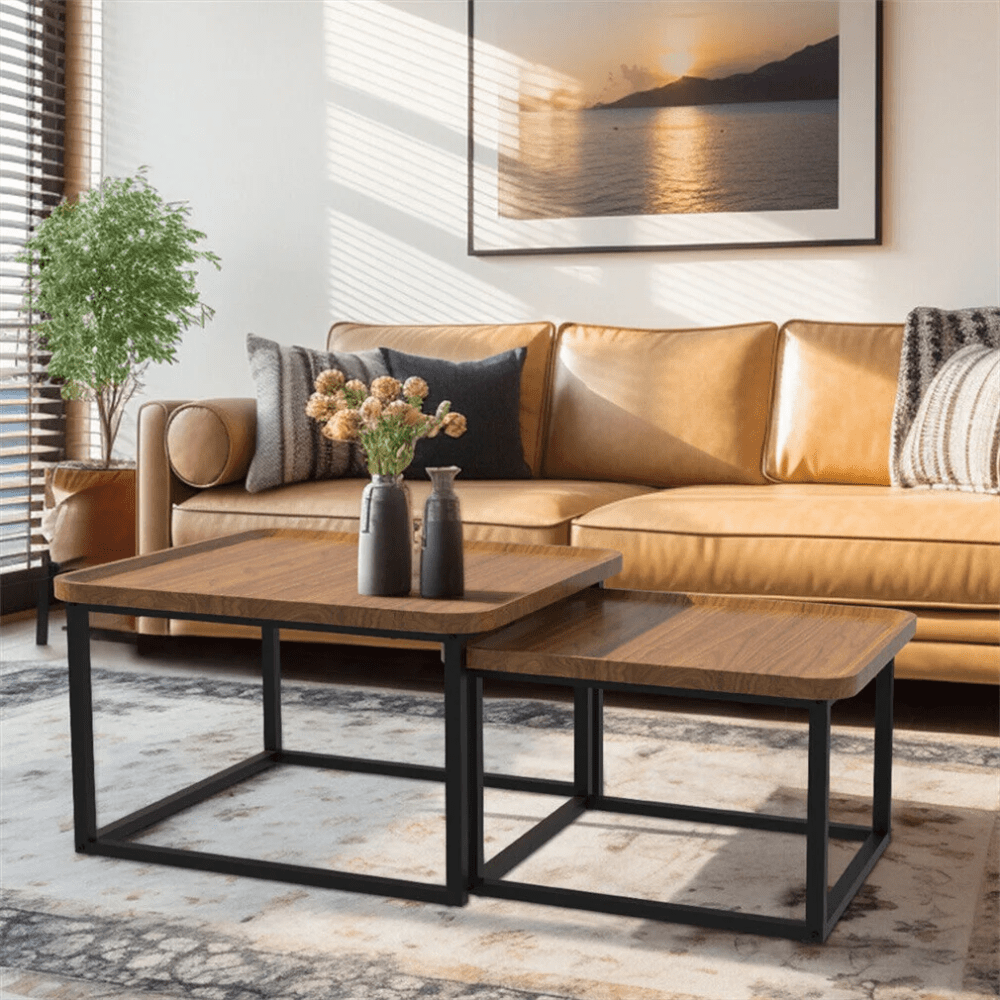 Wisfor Square Nesting Coffee Table Set of 2 Walnut Side End Table for Living Room,23.6x17.7 inch - Image 9